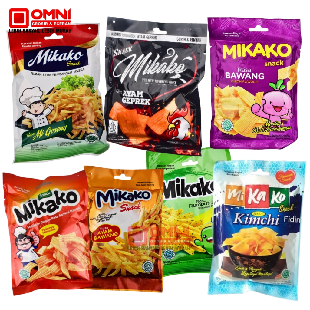 MIKAKO SNACK 10gr rasa Kimchi, Ayam Bawang, Mi Goreng, Sambal Balado, Ayam Geprek, Rumput Laut
