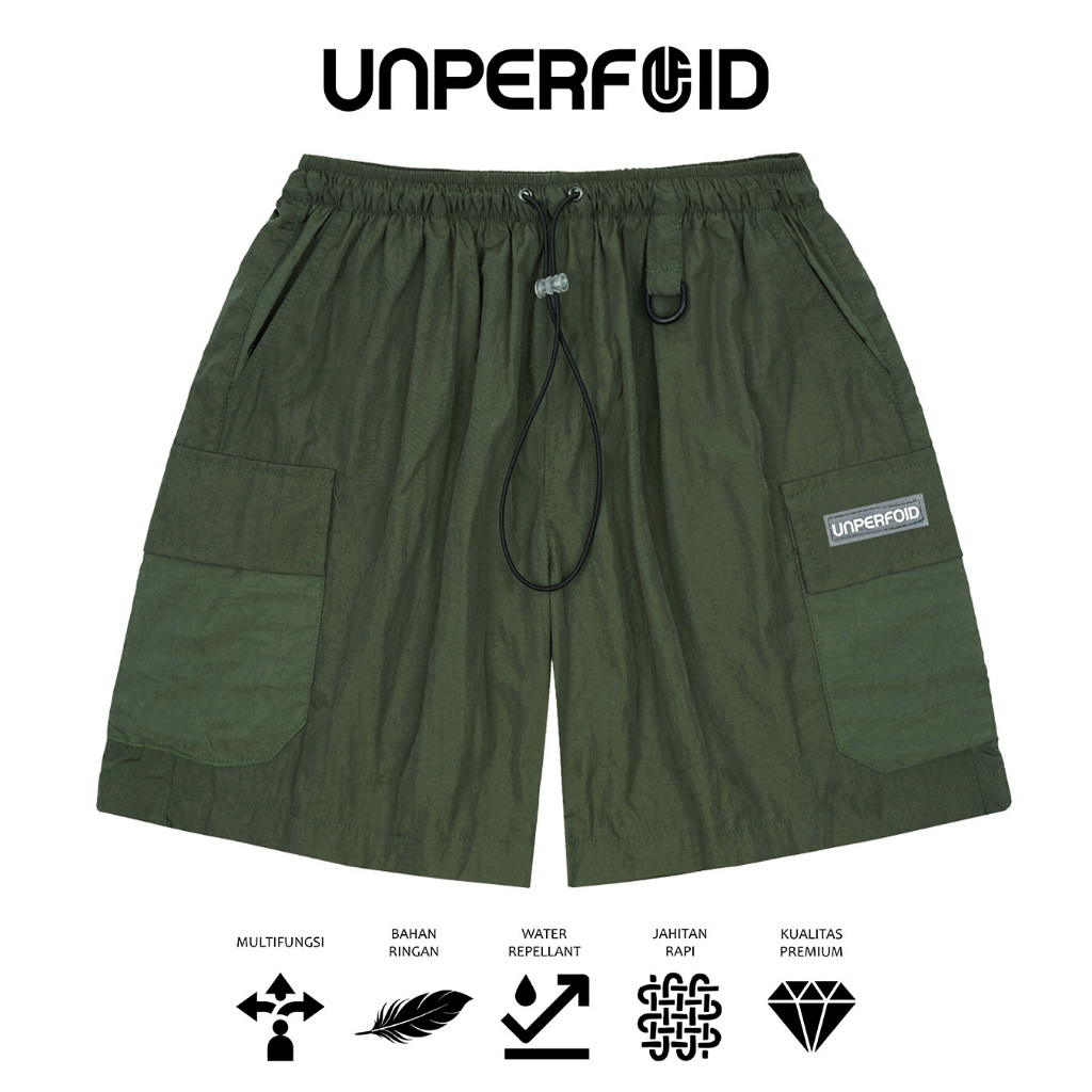 UNPERFOID - Celana Pendek Cargo Boardshort Short Pants Boardshort Nylon Crinkle - Olive / Bahan Adem