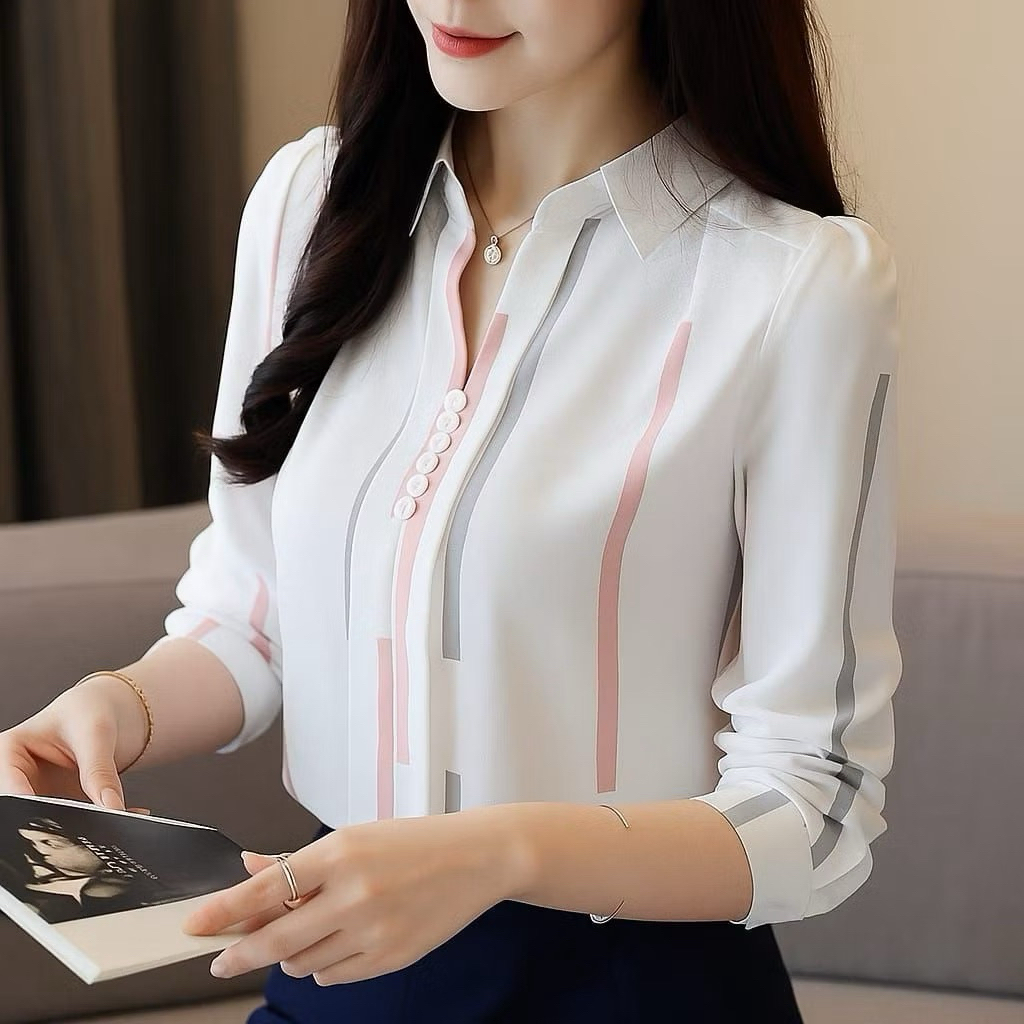Kemeja Bluse Wanita motif garis Stripe Lengan Panjang Baju atasan wanita terbaru