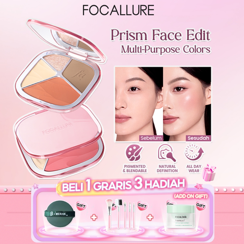 FOCALLURE Prism 4 In1 Face Palette Glow Blush Highlighter Contour Pigmented Blendable Multi-use