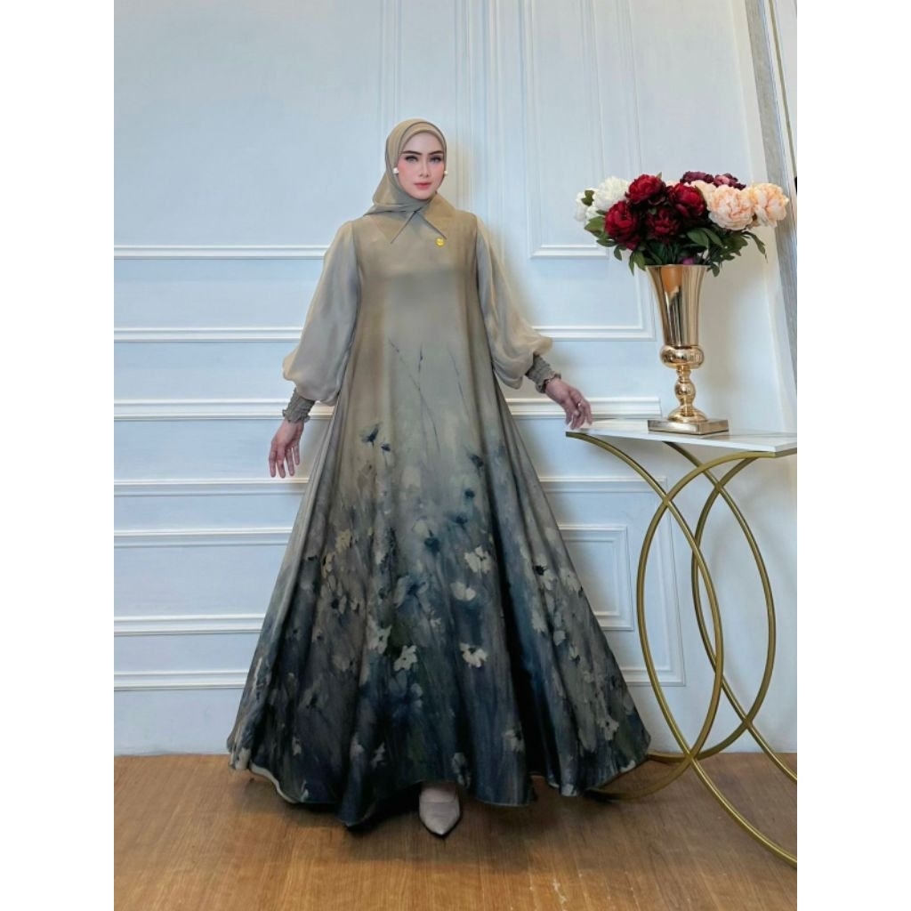 Kalla set 2in1 by Ninona Original - Gamis dengan Bahan full Gucci printing & hijab ceruty