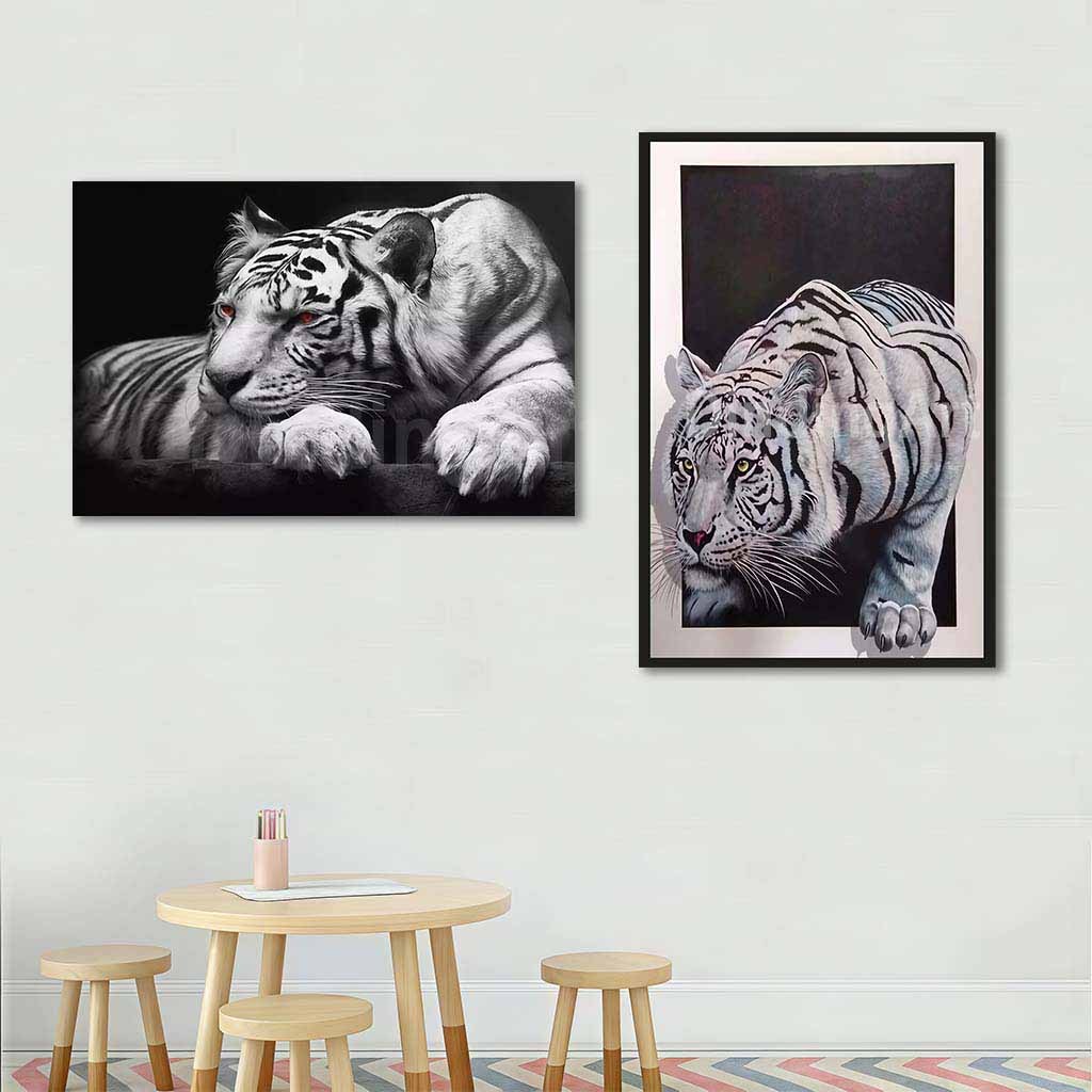 Lukisan Dinding Harimau Putih Estetik Hitam Putih untuk Dekorasi Ruang Tamu Minimalis Gaya Skandinav