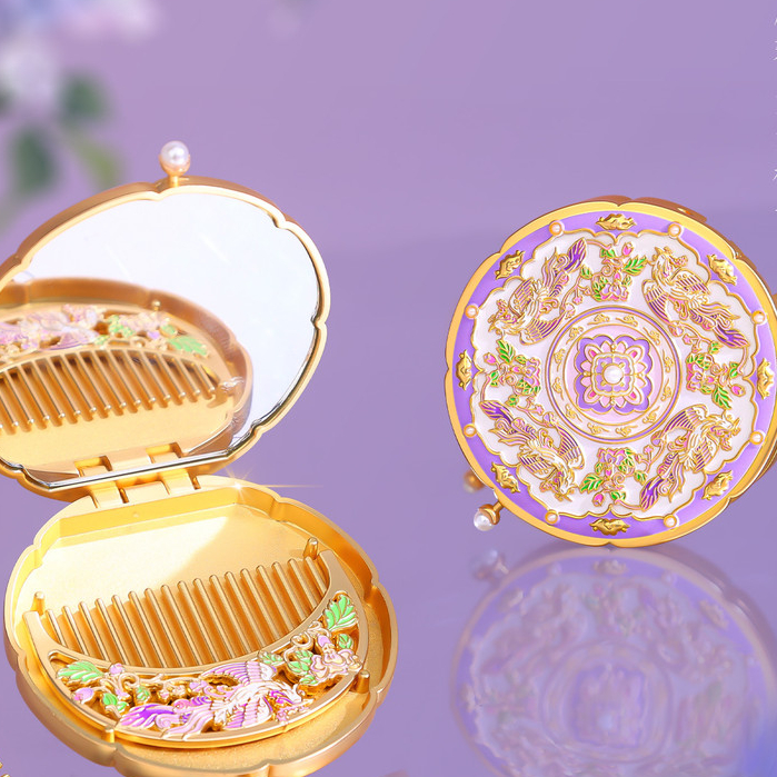 Kotak Hadiah Sisir Cermin Lipat Gaya Cina Retro Cermin Kecil Genggam