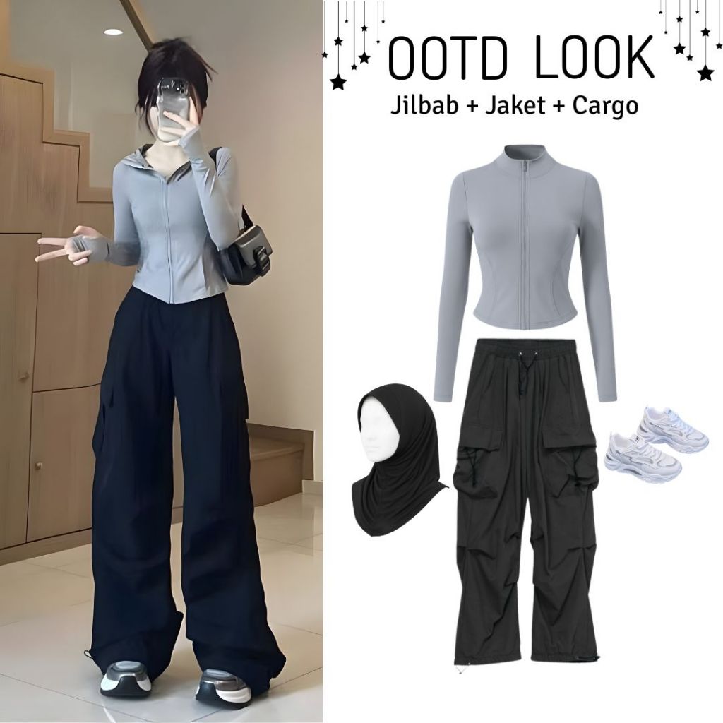 Outfit One set 3in1 (Jilbab,jaket baselayer,Celana) ootd legging running hiking gunung lari olahraga