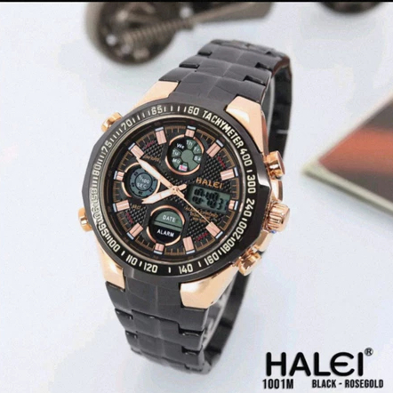 Jam Tangan Halei 1001M Original Pria Analog Digital Rantai Stainless Steel Cowok 1001 Fashion Japan