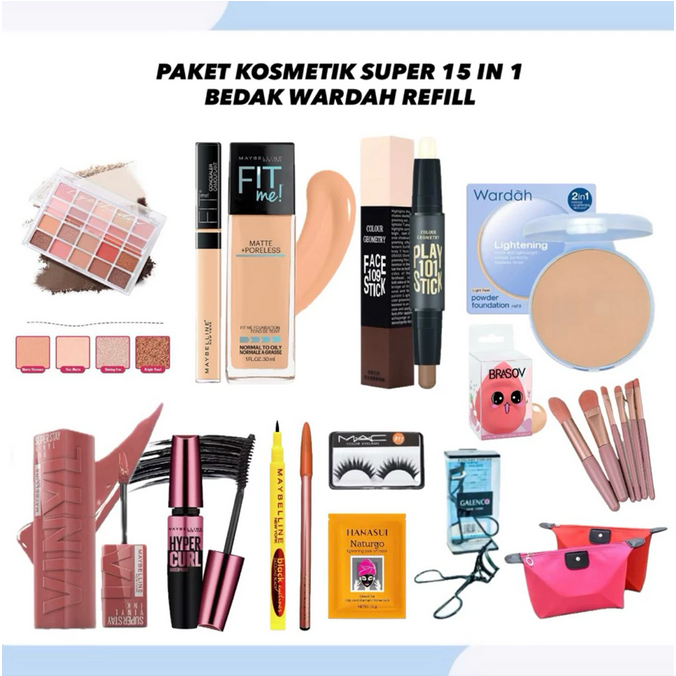 Paket Kosmetik Super 15 IN 1 Bedak Wardah Refill - Paket Kosmetik Hemat Bedak Refill Wardah Foundati