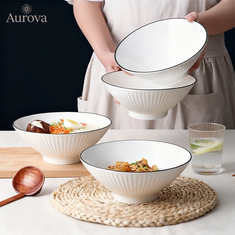 AUROVA Mangkok Ramen Keramik Putih Premium 20cm Microwave Garis Putih Elegant Japanese Style