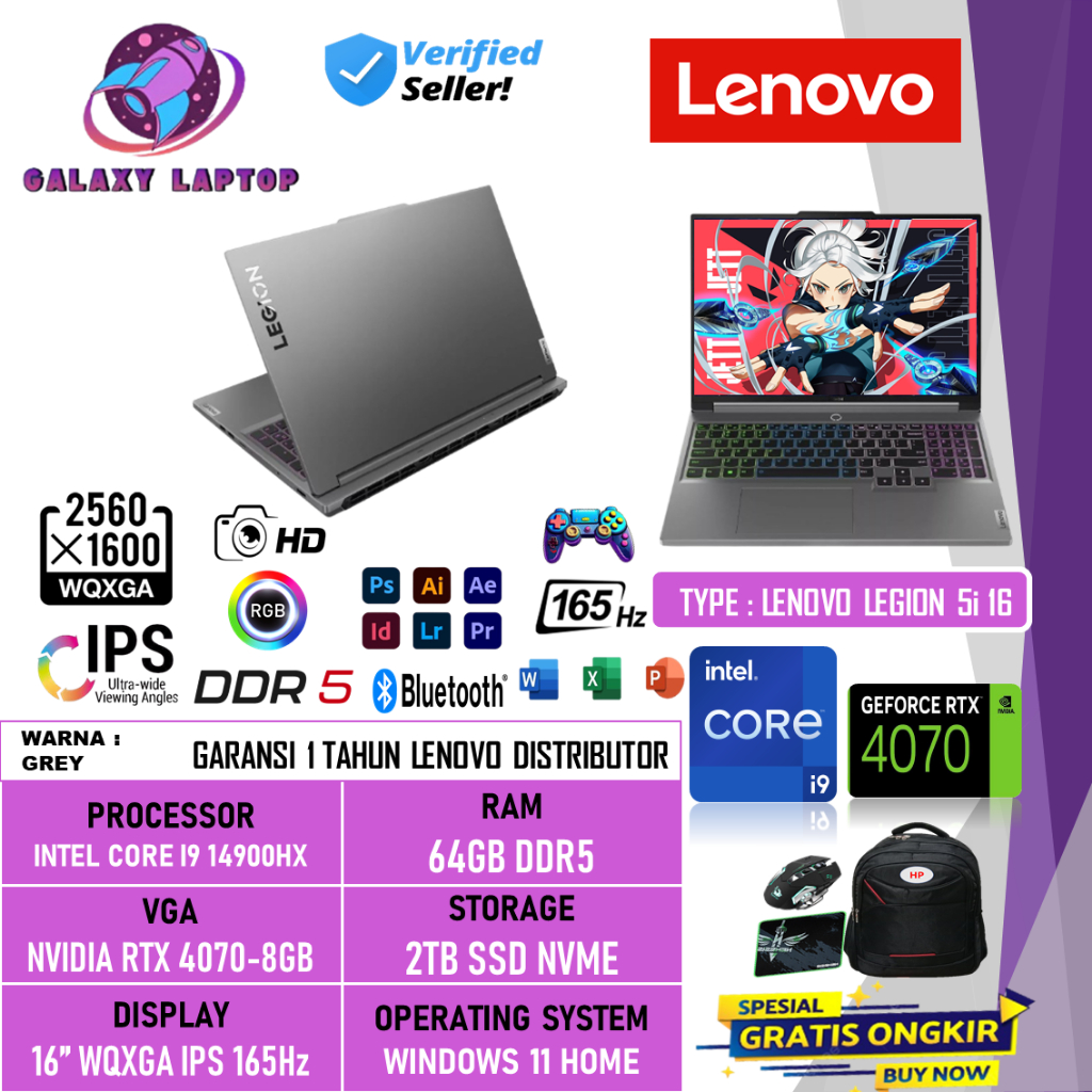 Laptop Gaming Lenovo Legion 5i Intel i9 14900HX 64GB DDR5 2TB SSD 16 inch RTX4070-8GB WQXGA 165Hz