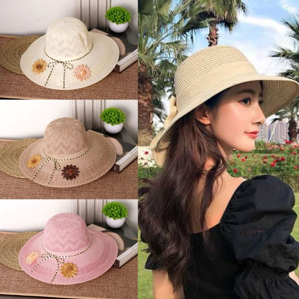 Topi pantai cewek bucket ruffle rumbia topi dewasa pelindung sinar matahari kekinian