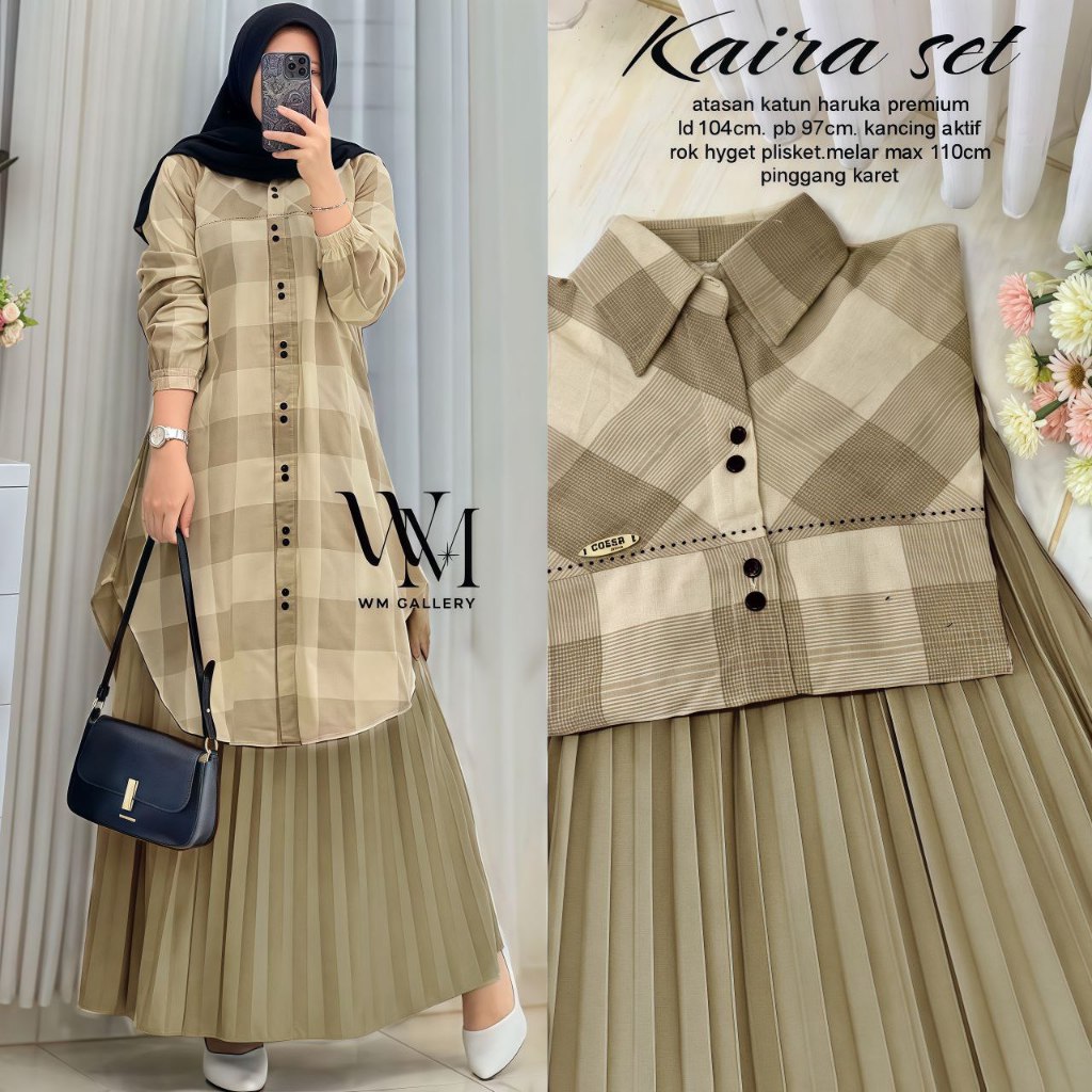 Setelan Tunik Rok Plisket Kaira set Bahan Katun Haruka Mix Plisket LD 107cm PJ Rok 90cm Busui