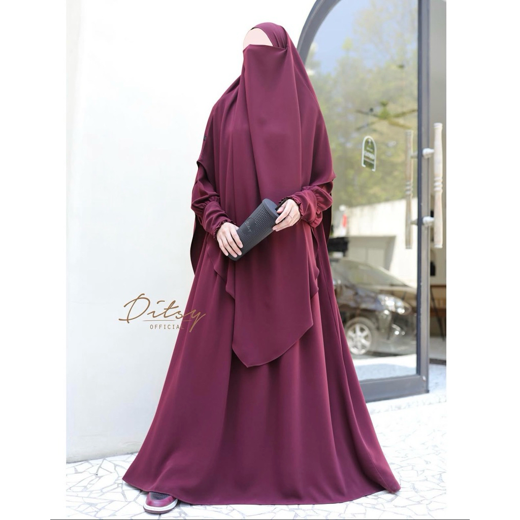 PRELOVED Ditsy Moslem Laiqa Satu Set Gamis FK Dark Cherry Mina