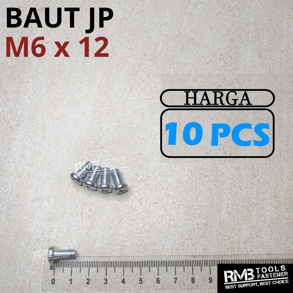 M6x12 Baut JP Pentol Pan Machine Screw Obeng Plus + GALVANIS PUTIH M6
