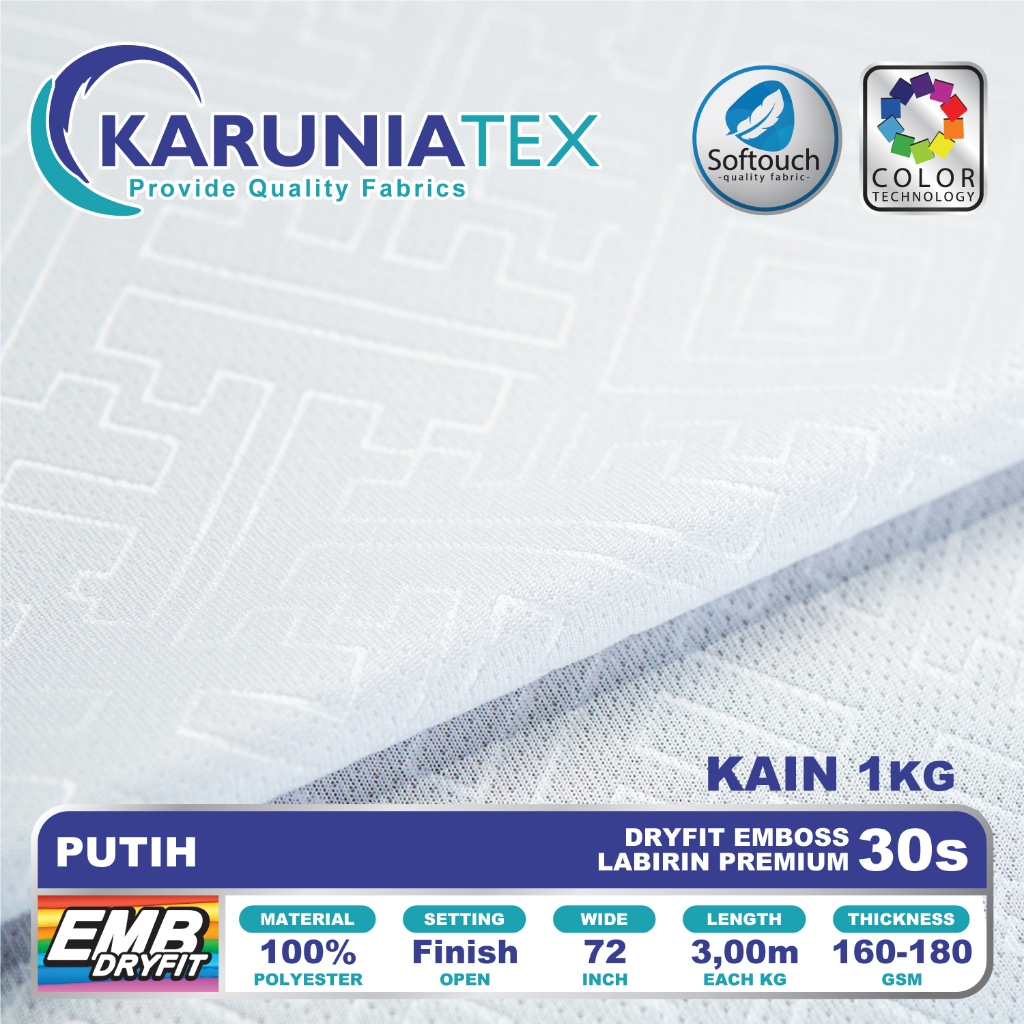 Kain Dryfit Emboss Labirin Premium 30s Kiloan | Putih | Karunia Textile