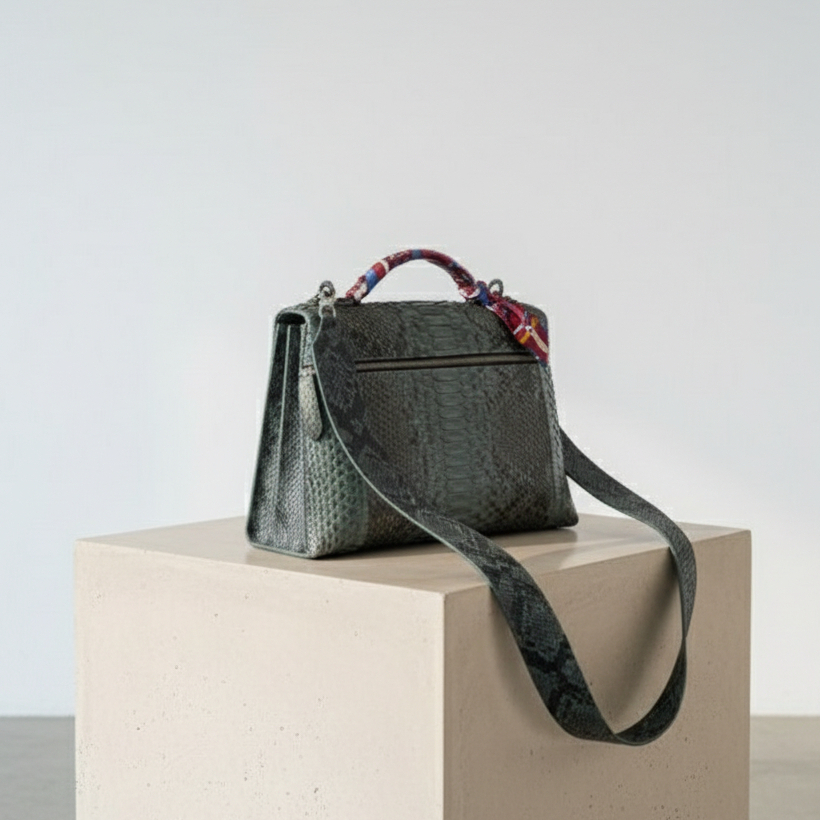 PRELOVED Tas Kelly Kulit Ular Asli Warna Biru Tua – Tekstur Timbul Elegan 33x13x22cm