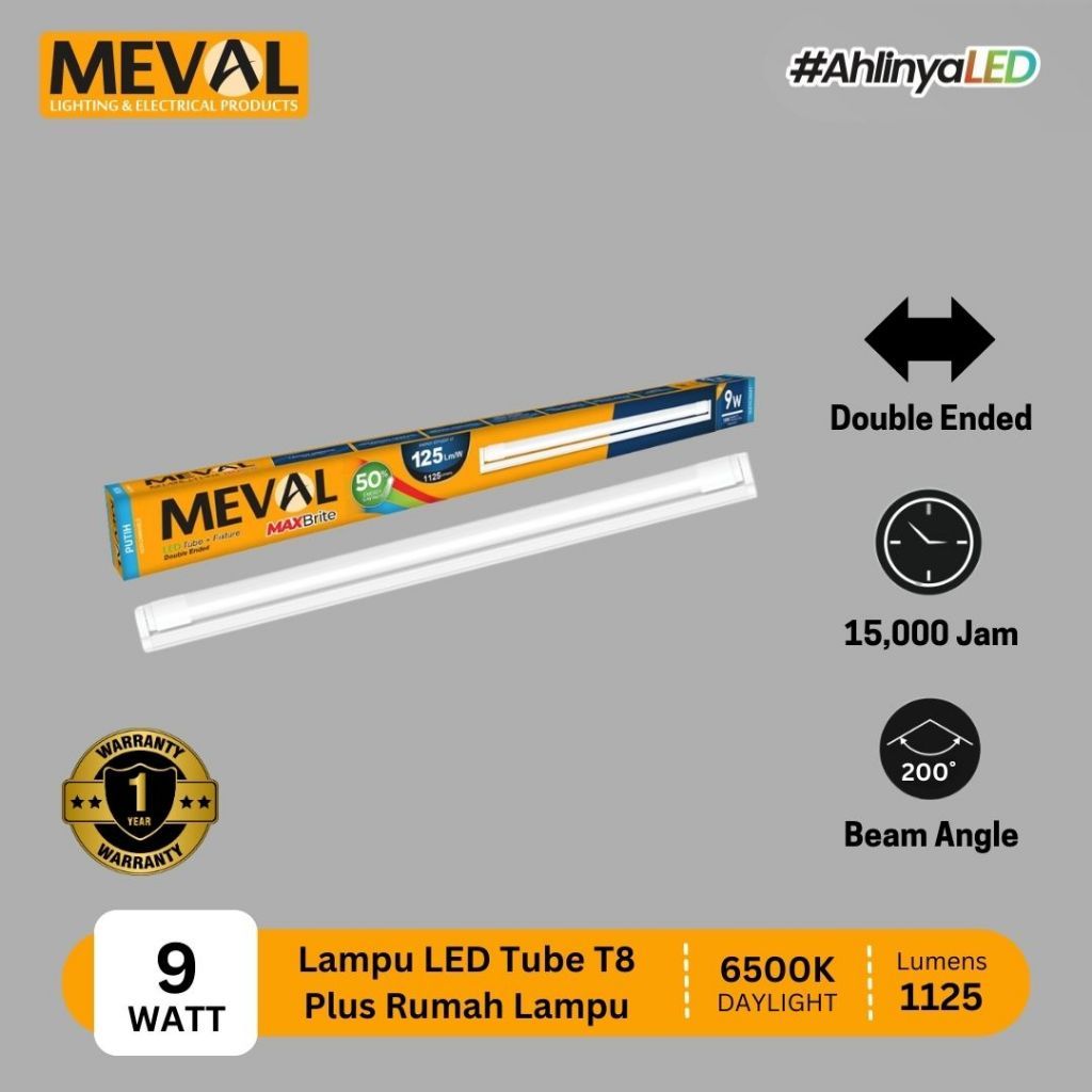 MEVAL Lampu LED Tube T8 plus rumah lampu strip Double Ended - Maxbrite Series Putih 9 18 22 Watt