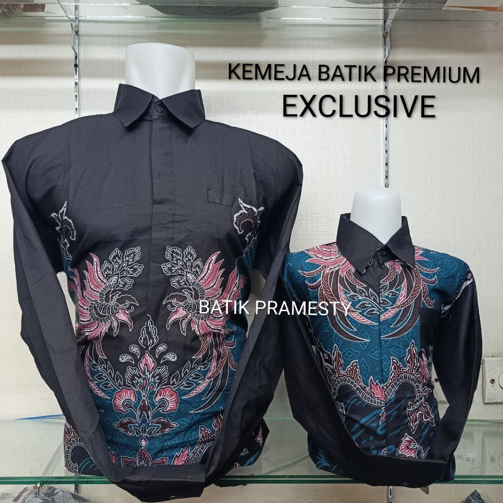 kemeja batik hitam tosca couple ayah anak motif  ningrat bahan katun lasem premium lapis furing hero