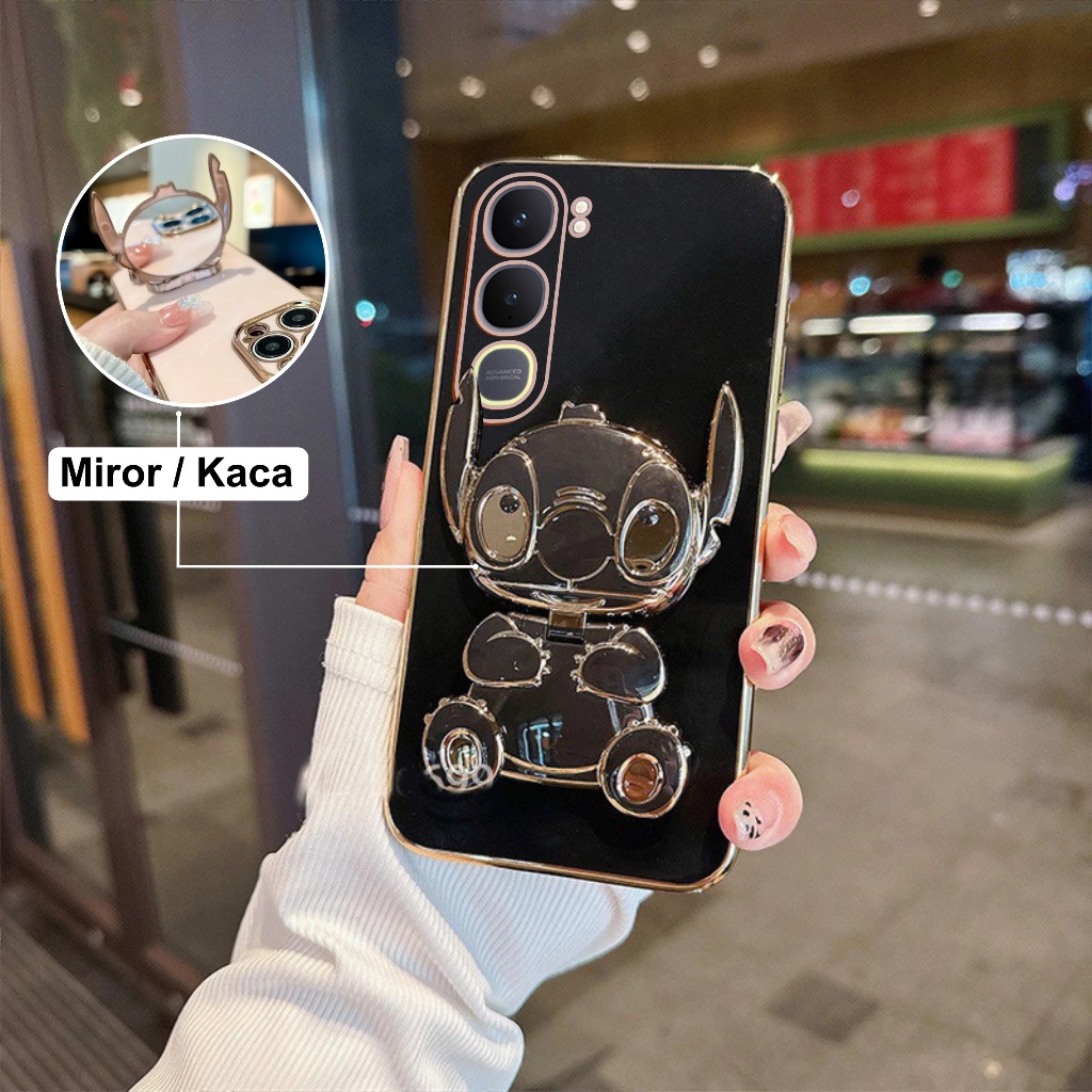 Soft Case Vivo Y21d 2025 Silicon Dudukan Miror Cute Stich Plating