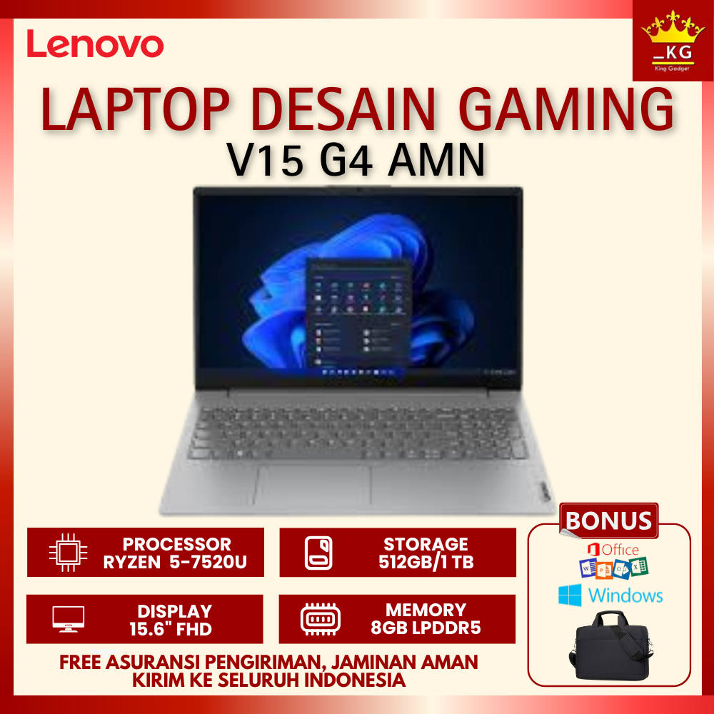 Laptop BARU Lenovo V15 G4 AMN Ryzen 5 RAM 8GB DDR5 SSD 512GB NVME 15.6"FHD Bonus Tas Laptop Gaming