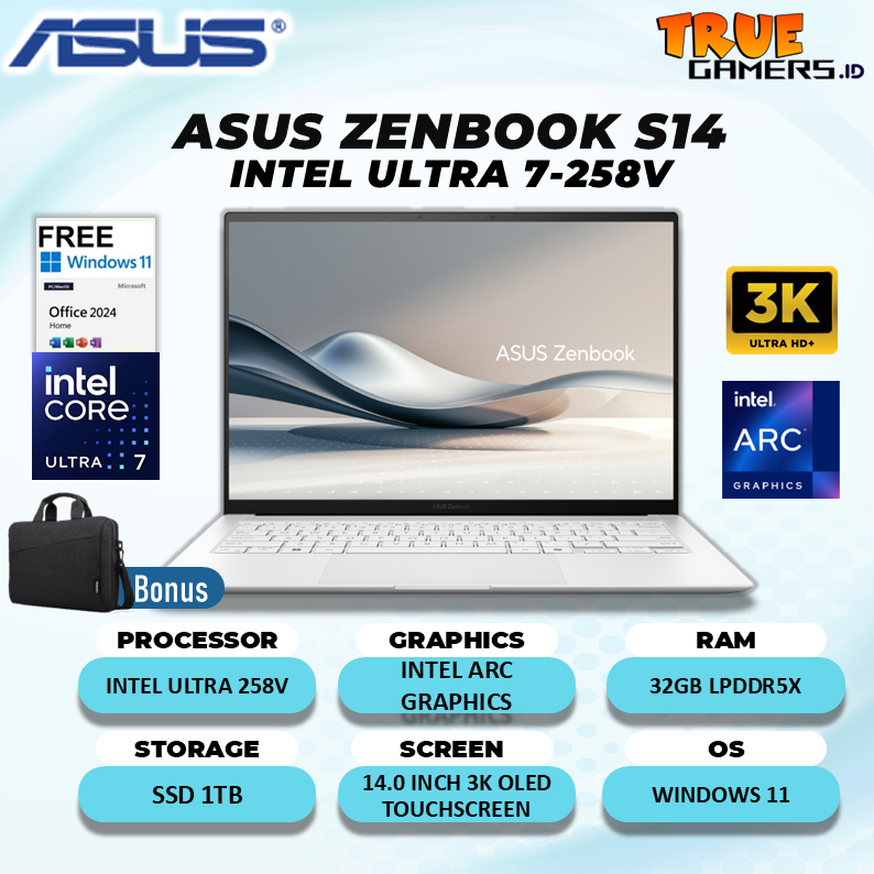 Laptop Asus Zenbook S14 OLED UX5406SA Touchscreen Ultra 7-258V 32GB 1TB SSD Win11+Office 14. 3K OLED
