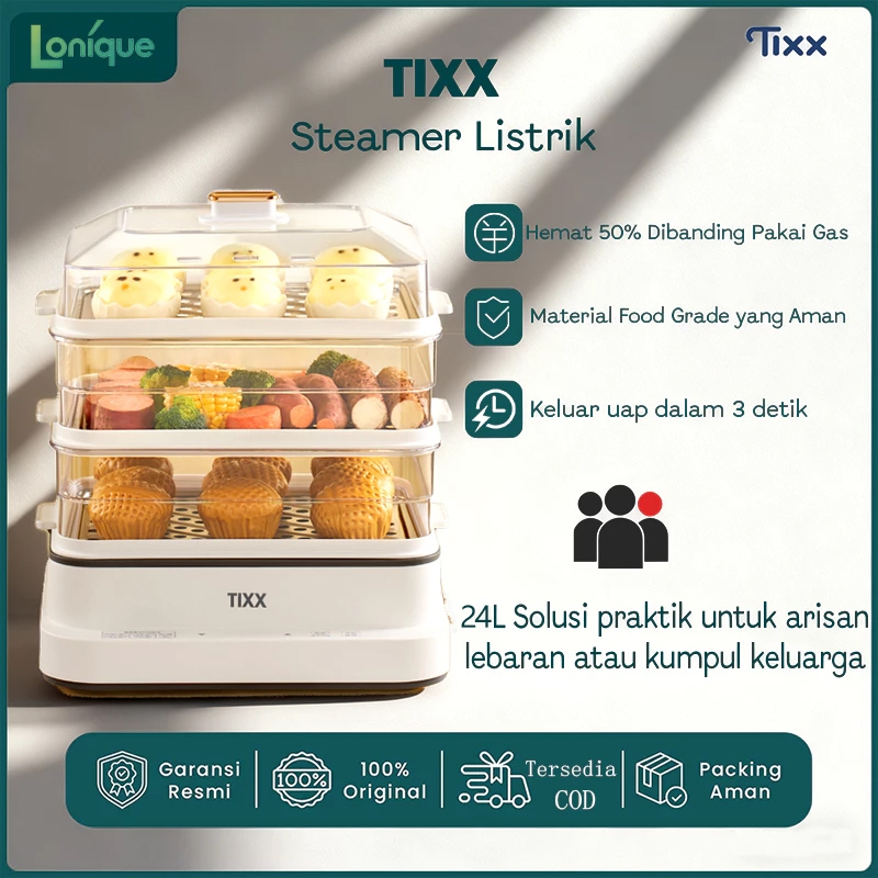 TIXX panci listrik  Kapasitas Besar 24 Liter Ruang Uap 3 Tingkat Steamer Listrik Multifungsi