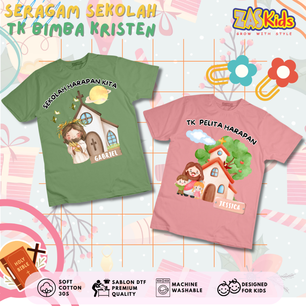 ZASKIDS | Kaos Custom Seragam Anak Sekolah Kristen Gratis Cetak Nama | Baju Atasan Anak Natal Terbar