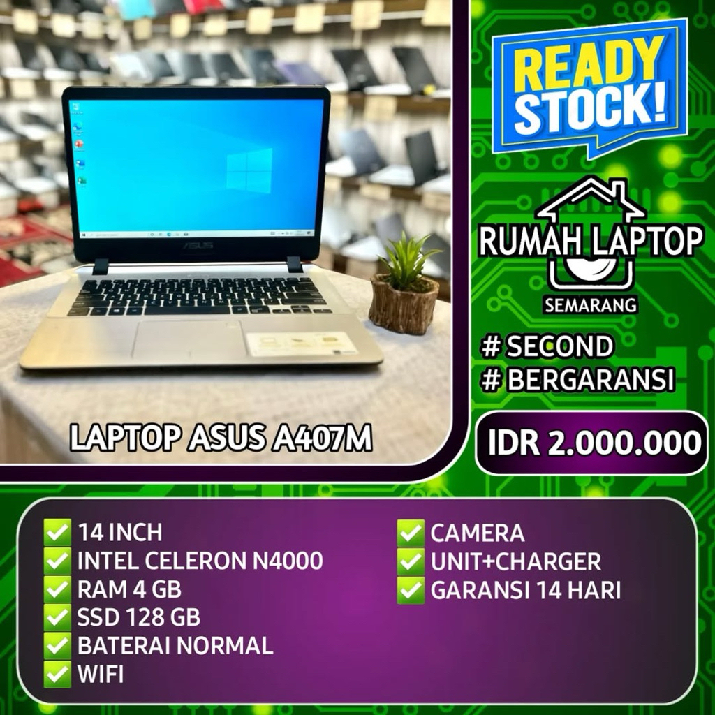 Laptop Asus A407M (second). Intel Celeron N4000. RAM 4 GB. SSD 128 GB. SLIM