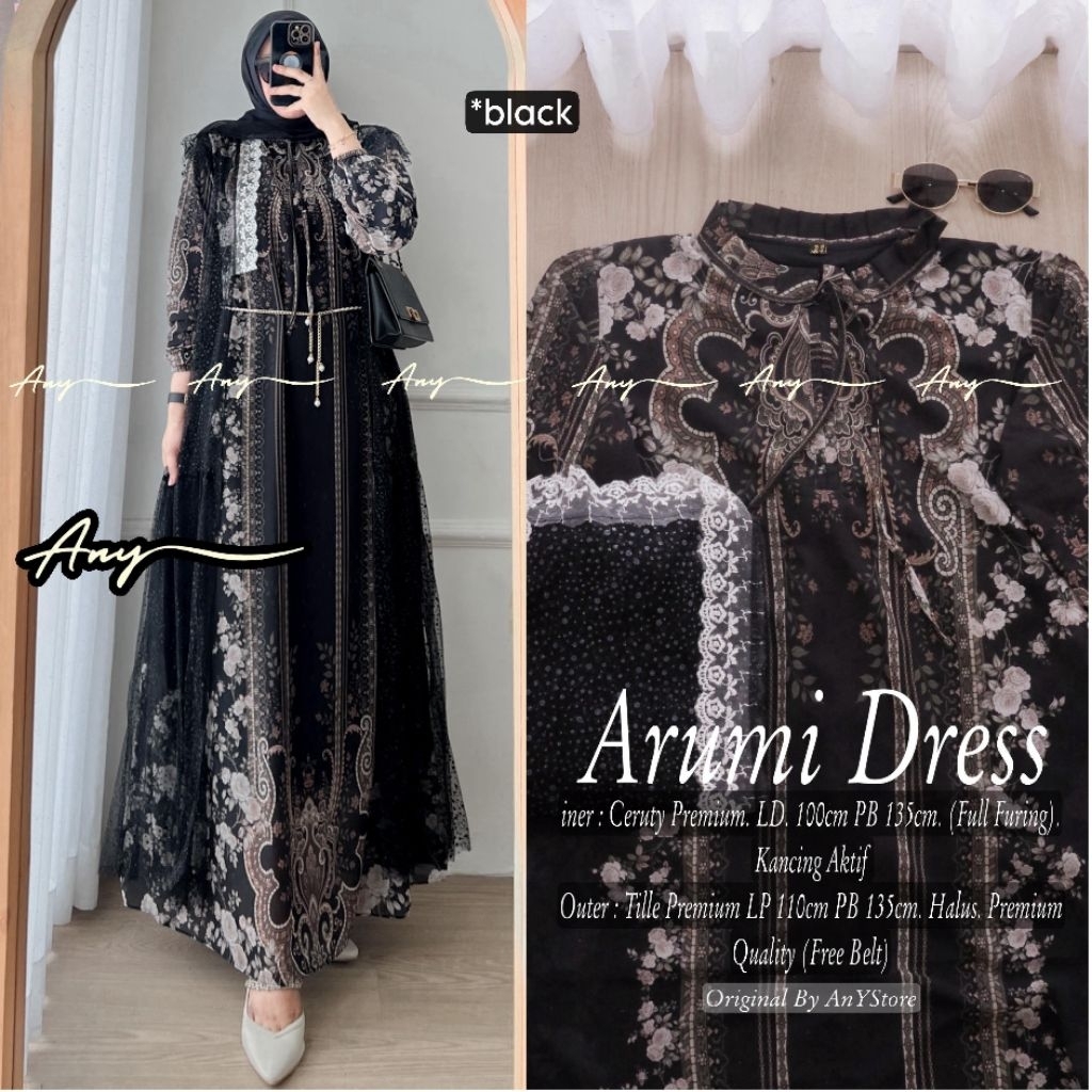 Arumi Dress - Baju Dress Wanita Bahan Ceruty Premium Full Furing Kancing Aktif Halus Adem Premium