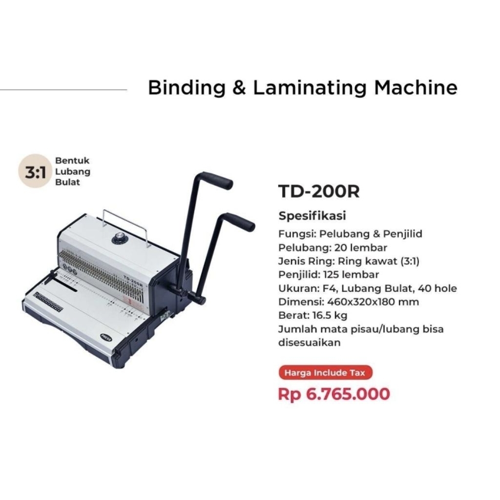 Mesin Jilid Ring Kawat Spiral Lubang Bulat F4 3:1 Topas TD200R Wire Comb Binding Machine TD-200R TD 