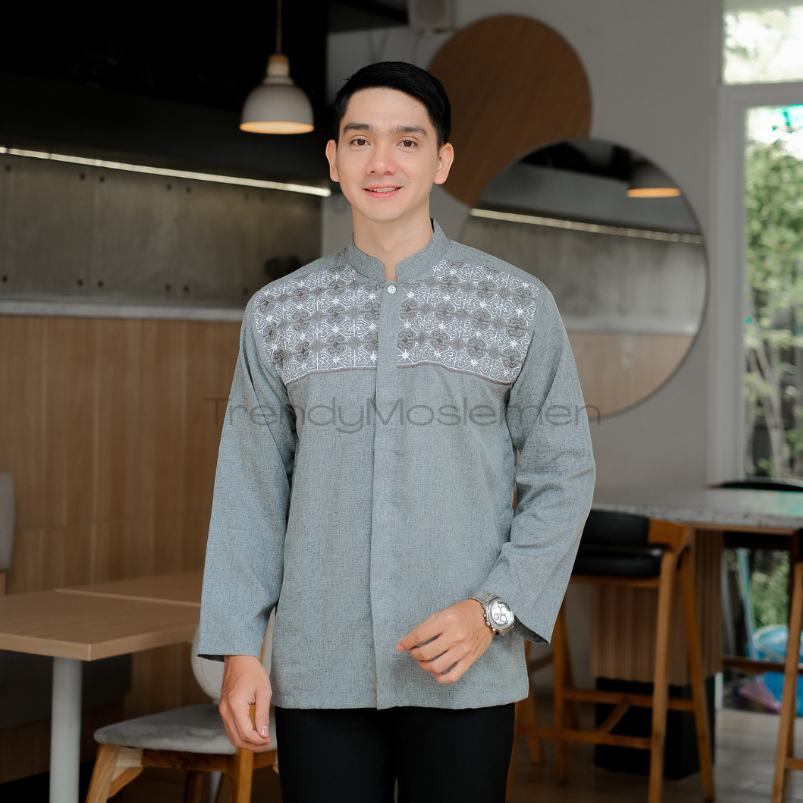 Trendymoslem Baju Koko Pria Lengan Panjang Matt Katun Madinah Premium Bordir Kekinian