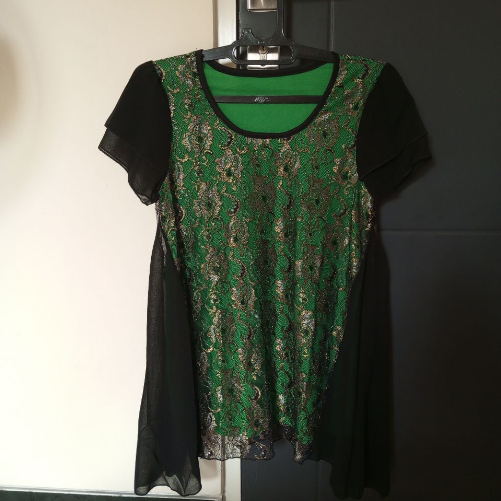 BLOUSE BAJU ATASAN WANITA FASHION BROKAT EMAS HIJAU HITAM