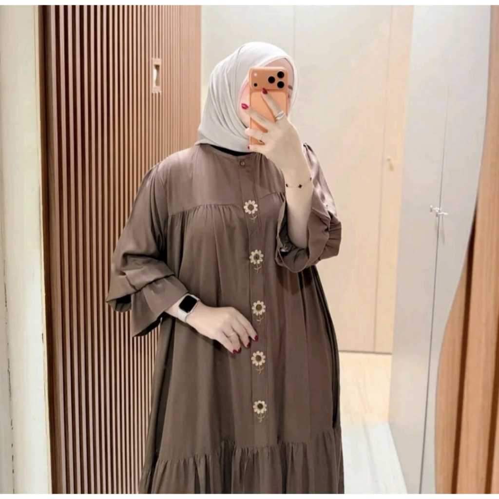 melda Dress Gamis Rayon Twill Bordir Bungan lengan balon