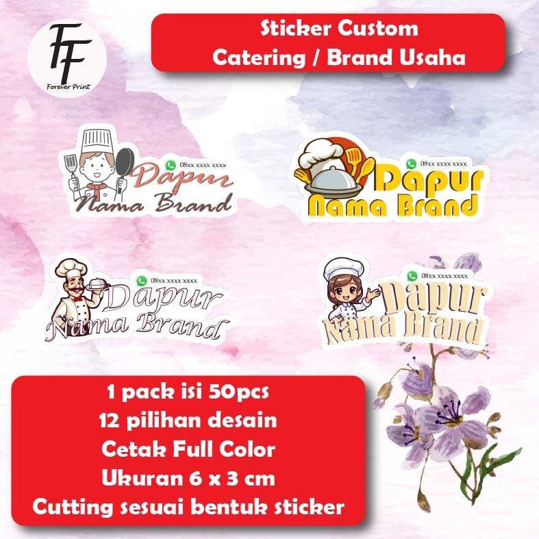 Stiker Custom Makanan untuk Label Usaha 50pcs 12 Desain Pilihan Cetak Full Color Ukuran 6x3cm Prakti