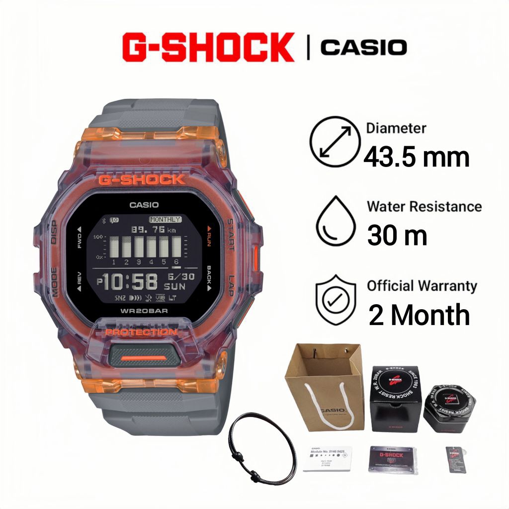 Casio G-Shock Jam Tangan Pria Pengingat Waktu GBD-200SM-1AJF Gray Gray Orange & Black Purple Water-R