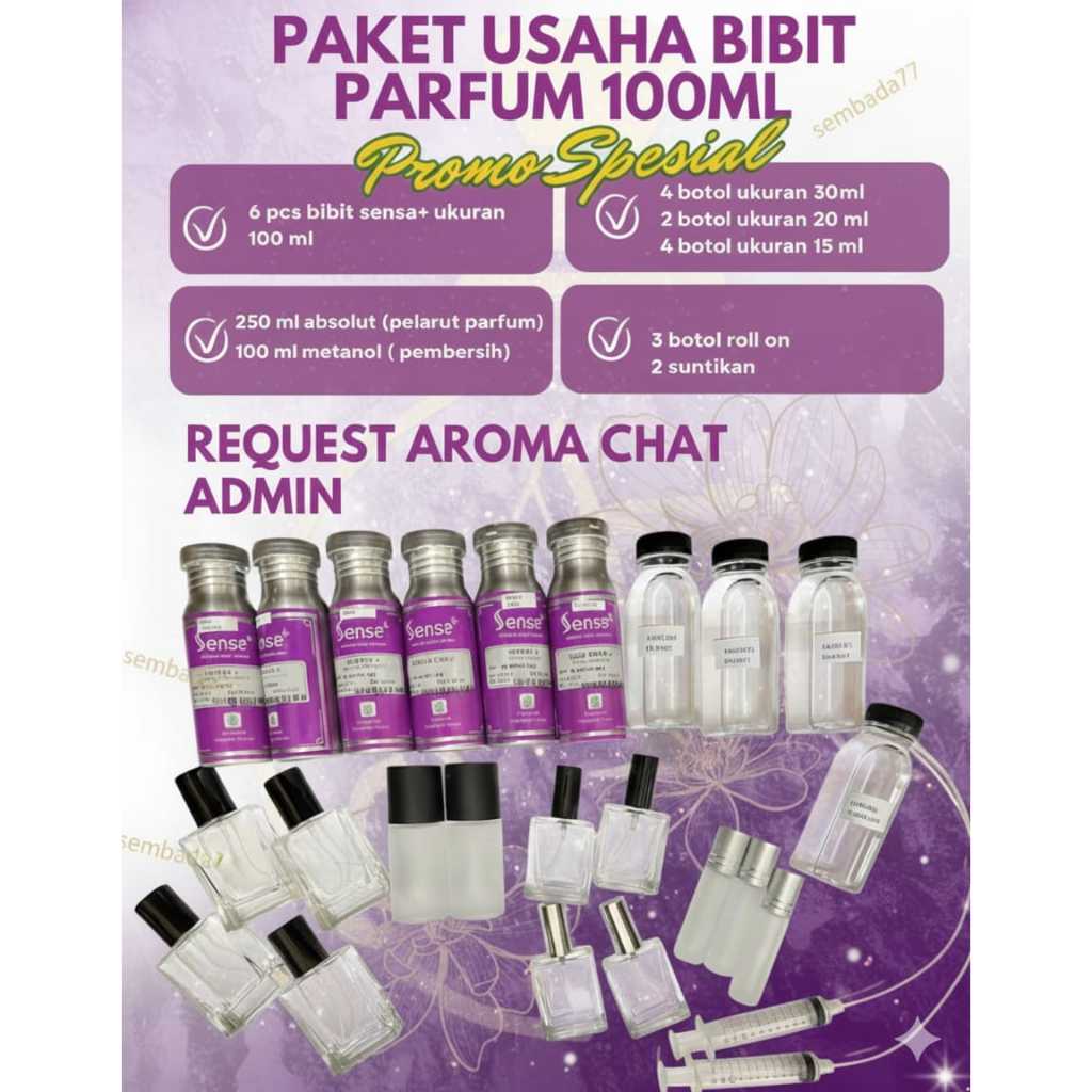 PAKET USAHA PARFUM (6 Bibit segel 100 ml+4 botol 30 ml+2 botol 20 ml+4 botol 15 ml+3 botol roll on+2