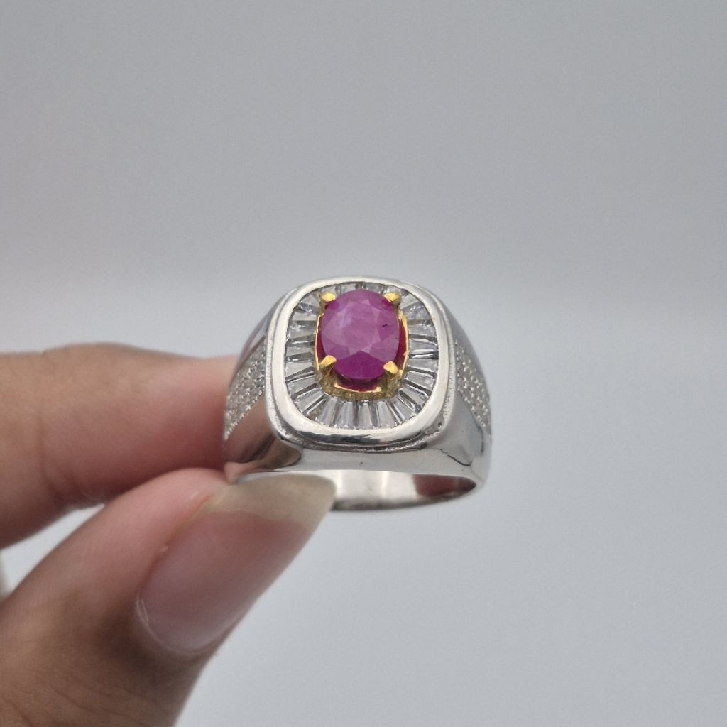 Cincin perak batu Natural Ruby Burma (No Heat), ukuran jari bisa disesuaikan (freesize), natural rub