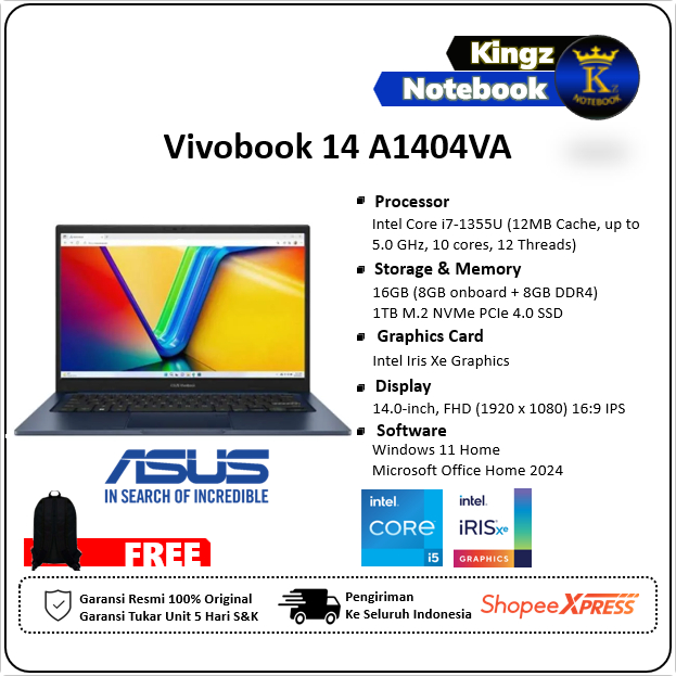 ASUS Vivobook 14 A1404VA Core i7 1355U 16GB  1TB SSD Win11+Office 2024 14" FHD IPS
