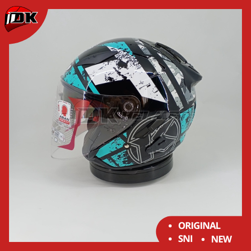Helm KYT Galaxy Slide Flat R Motif Seri 5 Black Aqua Blue Half Face Double Visor Biru Muda Toska Cou