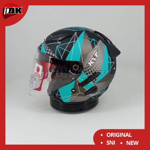 Helm Half Face KYT Galaxy Flat R Motif Seri 6 Matrix Black Matt Aqua Blue Double Visor Biru Hitam