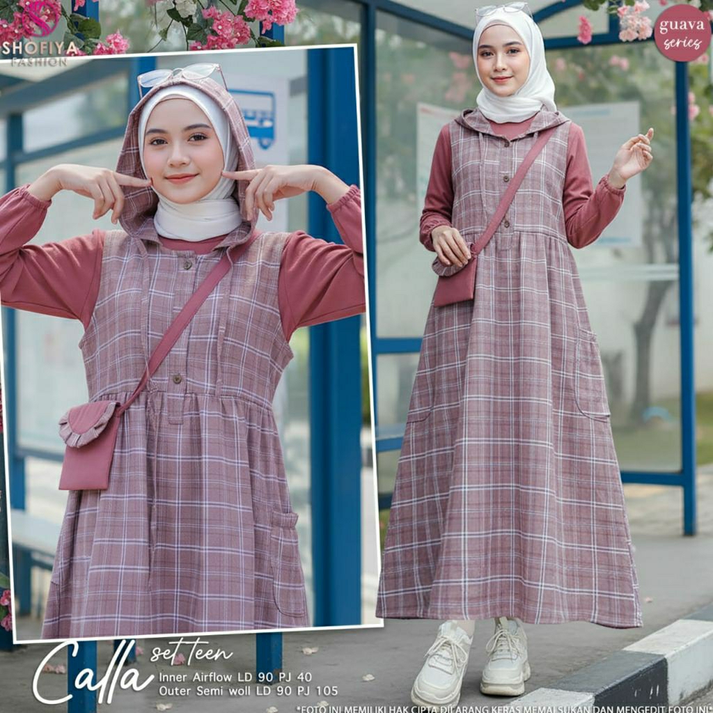 Calla set overall dress outer inner anak remaja motif kotak kotak (free+tas)