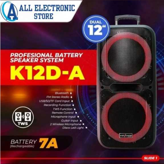 Advance Speaker Bluetooth Portable 12 Inchi K12D-A dengan 2 Mic Wireless, Karaoke, USB & SD Card, LC