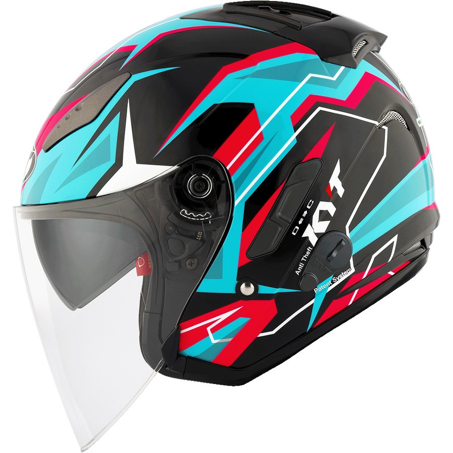 KYT Helm Half Face Galaxy Slide Flat R WAVES - Hitam/Biru, Motif Grafis Trendy, Double Visor, Anti S