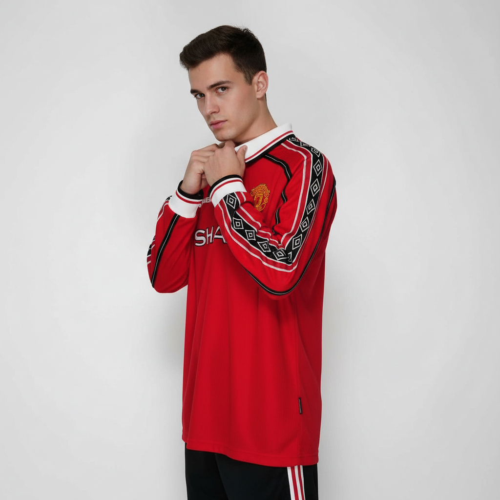 Jersey Retro LongSleve Mnchstr Untd Home 1998 1999 Long Sleeve LS Lengan Panjang Sharp momen Treble 