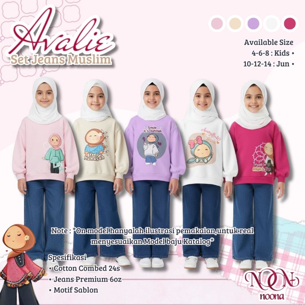 [Close] Noona Setelan Kaos Panjang Denim Kulot Anak Cewek Cute Avalie Set Jeans Muslim 4-14th Premiu