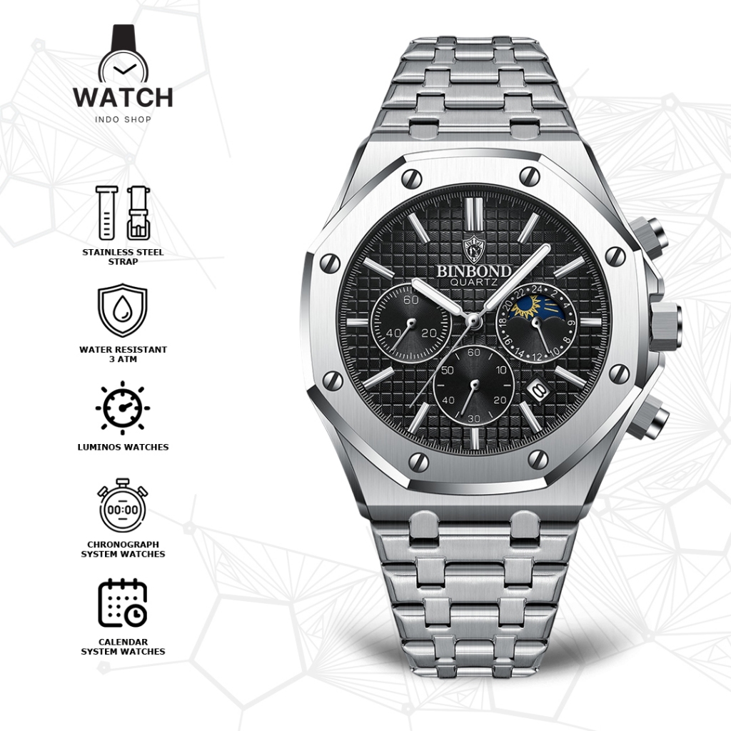 Indoshopwatches Jam Tangan Pria Analog Binbond 0161 Cronograph Luminos Analog Watches
