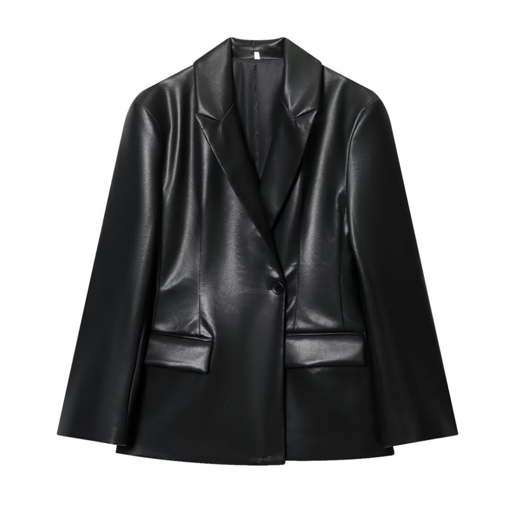 Bhusana Castle 79244 black leather single breasted blazer / blazer kulit wanita
