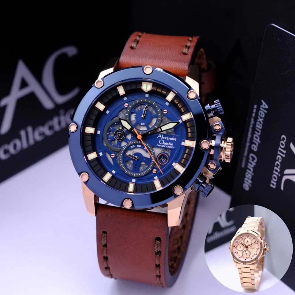Jam tangan pria wanita alexandre christie ac 6564 analog stainless steel & leather original