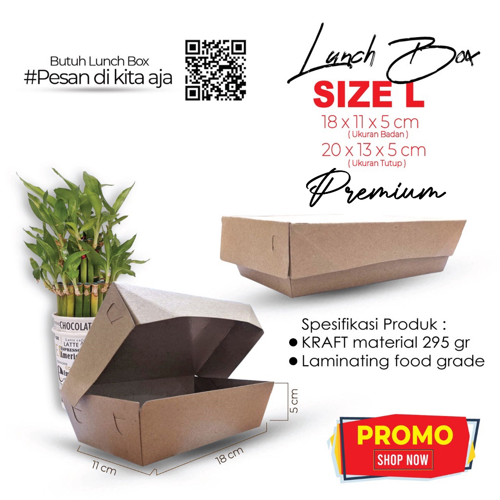 PROMO Paper Lunch Box Premium Kraft Coklat size L : 20 x 13 x 5 cm Laminasi (Foodgrade)