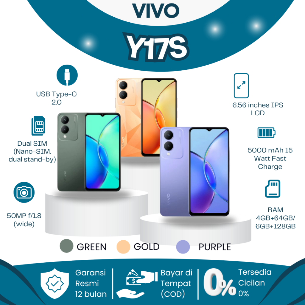 Vivo Y17S HP Murah & Asli 2025 RAM 4/64GB/128GB – Kamera 50MP + Selfie 8MP, Fingerprint Samping, Fas