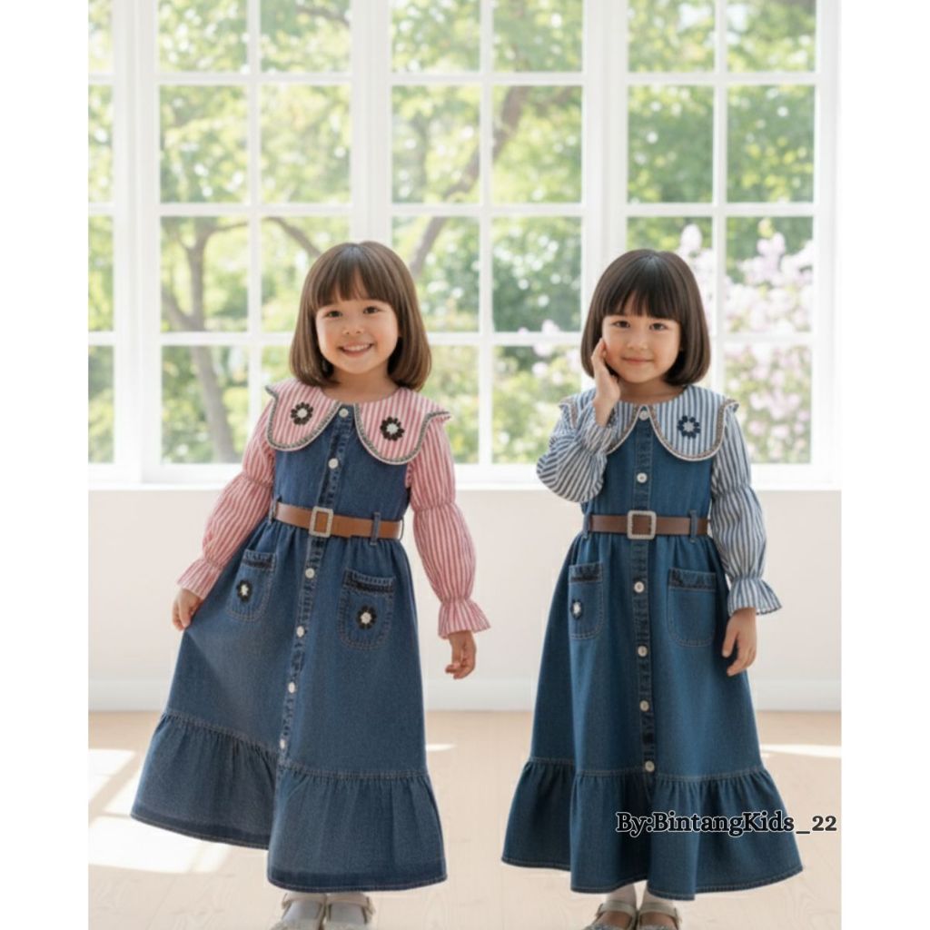 Gamis JIhan Jeans Free Belt Usia Anak 3-10 Tahun Bahan Katun Mix Jeans - Gamis Anak Motif Salur - Ga
