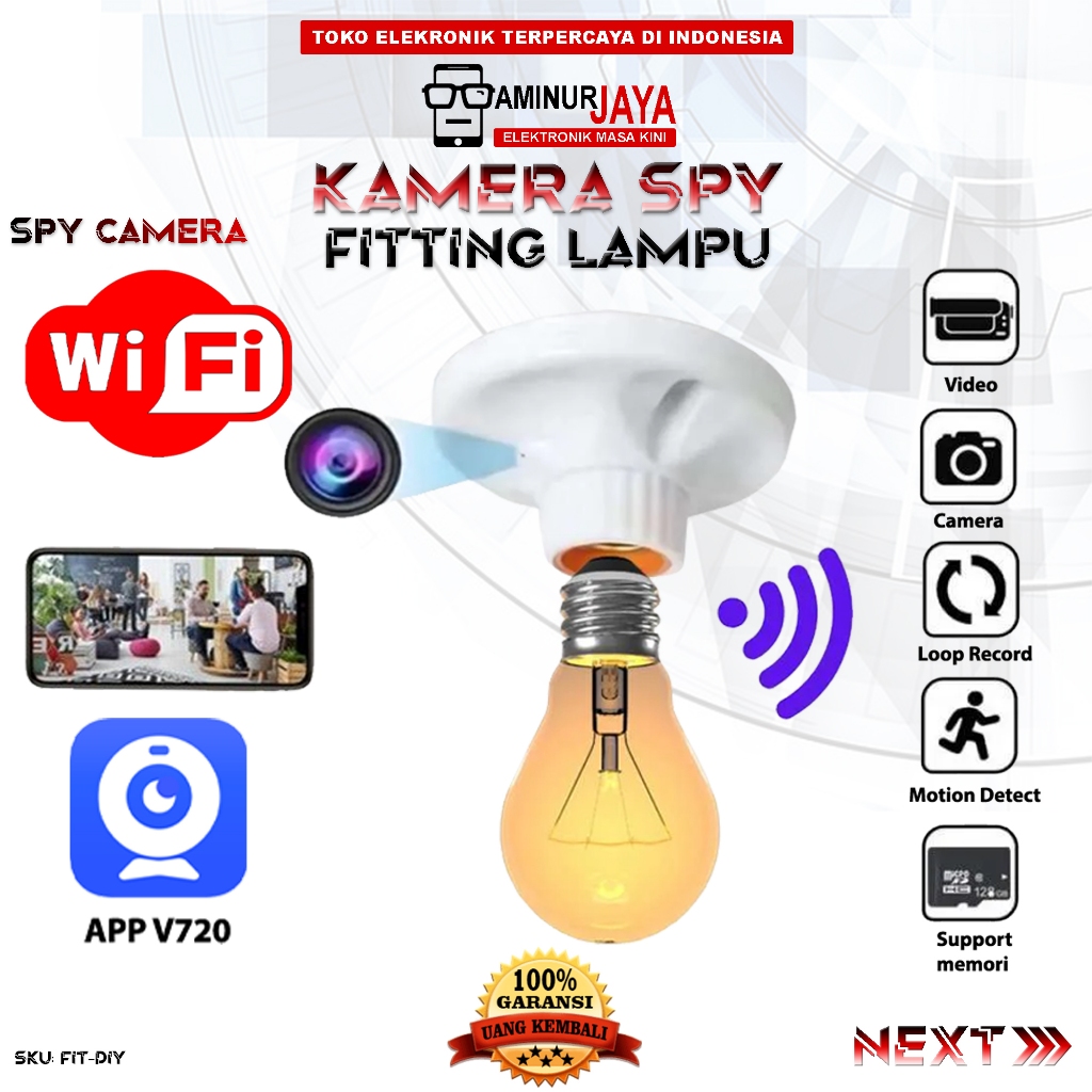 Aminurjaya Kamera CCTV Tersembunyi E27 WiFi 1080P Bulb Holder Camera Socket Fitting Lampu FIT-DIY